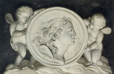 Zephyr in a painted roundel supported by putti floating on clouds by Jacob Xavery
